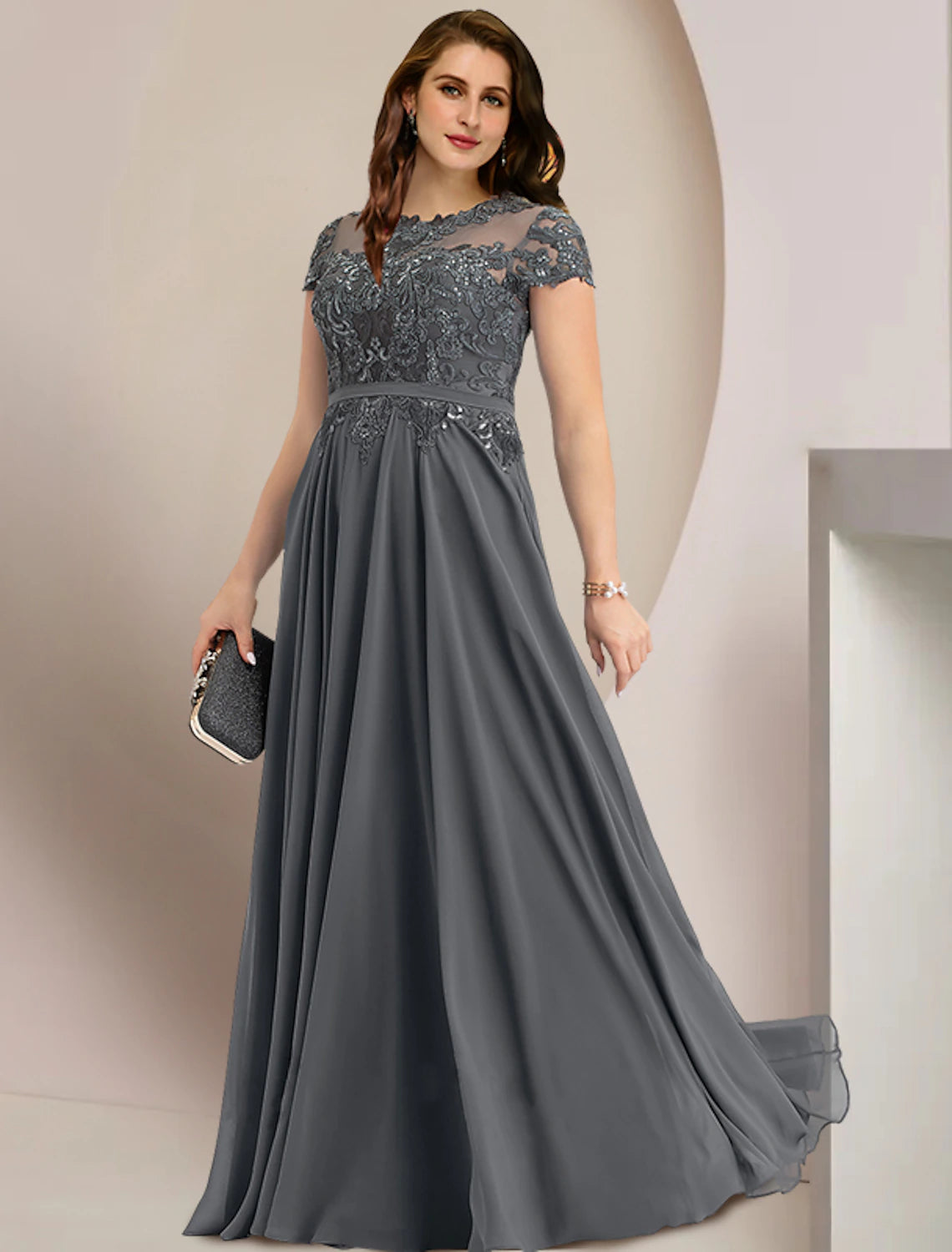 Kleider für die Brautmutter, Übergröße, geschwungen, Bauch verbergen, Hochzeitsgast, Party, elegant, Rundhalsausschnitt, bodenlang, Chiffon, Spitze, kurze Ärmel mit Falten, Pailletten